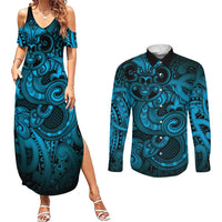Aotearoa Maori Hei Tiki Couples Matching Summer Maxi Dress and Long Sleeve Button Shirt Kikorangi Kowhaiwhai Puhoro Motif LT9 Blue - Polynesian Pride