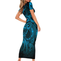 Aotearoa Maori Hei Tiki Family Matching Short Sleeve Bodycon Dress and Hawaiian Shirt Kikorangi Kowhaiwhai Puhoro Motif LT9 - Polynesian Pride