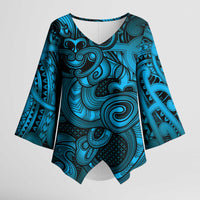 Aotearoa Maori Hei Tiki Kimono Sleeve Blouse Kikorangi Kowhaiwhai Puhoro Motif LT9 Female Blue - Polynesian Pride