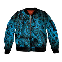 Aotearoa Maori Hei Tiki Sleeve Zip Bomber Jacket Kikorangi Kowhaiwhai Puhoro Motif LT9 Unisex Blue - Polynesian Pride