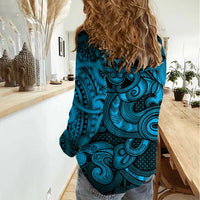 Aotearoa Maori Hei Tiki Women Casual Shirt Kikorangi Kowhaiwhai Puhoro Motif LT9 - Polynesian Pride