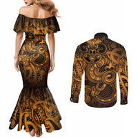 Aotearoa Maori Hei Tiki Couples Matching Mermaid Dress and Long Sleeve Button Shirt Koura Kowhaiwhai Puhoro Motif LT9 - Polynesian Pride