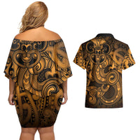 Aotearoa Maori Hei Tiki Couples Matching Off Shoulder Short Dress and Hawaiian Shirt Koura Kowhaiwhai Puhoro Motif LT9 - Polynesian Pride