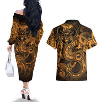 Aotearoa Maori Hei Tiki Couples Matching Off The Shoulder Long Sleeve Dress and Hawaiian Shirt Koura Kowhaiwhai Puhoro Motif LT9 - Polynesian Pride