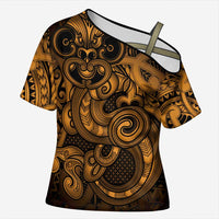 Aotearoa Maori Hei Tiki Cross Shoulder Shirt Koura Kowhaiwhai Puhoro Motif LT9 Female Gold - Polynesian Pride