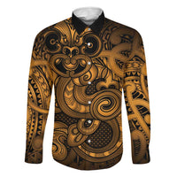 Aotearoa Maori Hei Tiki Family Matching Off Shoulder Short Dress and Hawaiian Shirt Koura Kowhaiwhai Puhoro Motif LT9 Dad's Shirt - Long Sleeve Gold - Polynesian Pride
