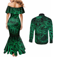 Aotearoa Maori Hei Tiki Couples Matching Mermaid Dress and Long Sleeve Button Shirt Kakariki Kowhaiwhai Puhoro Motif LT9 - Polynesian Pride