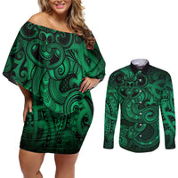 Aotearoa Maori Hei Tiki Couples Matching Off Shoulder Short Dress and Long Sleeve Button Shirt Kakariki Kowhaiwhai Puhoro Motif LT9 Green - Polynesian Pride