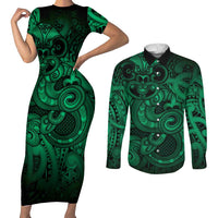 Aotearoa Maori Hei Tiki Couples Matching Short Sleeve Bodycon Dress and Long Sleeve Button Shirt Kakariki Kowhaiwhai Puhoro Motif LT9 Green - Polynesian Pride