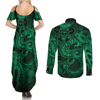 Aotearoa Maori Hei Tiki Couples Matching Summer Maxi Dress and Long Sleeve Button Shirt Kakariki Kowhaiwhai Puhoro Motif LT9 - Polynesian Pride