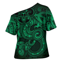 Aotearoa Maori Hei Tiki Cross Shoulder Shirt Kakariki Kowhaiwhai Puhoro Motif LT9 - Polynesian Pride