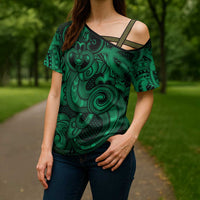 Aotearoa Maori Hei Tiki Cross Shoulder Shirt Kakariki Kowhaiwhai Puhoro Motif LT9 - Polynesian Pride