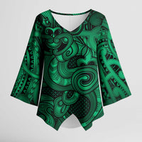 Aotearoa Maori Hei Tiki Kimono Sleeve Blouse Kakariki Kowhaiwhai Puhoro Motif LT9 Female Green - Polynesian Pride
