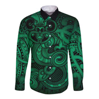 Aotearoa Maori Hei Tiki Long Sleeve Button Shirt Kakariki Kowhaiwhai Puhoro Motif LT9 Unisex Green - Polynesian Pride