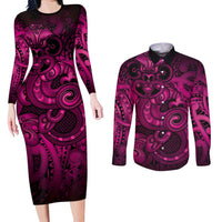 Aotearoa Maori Hei Tiki Couples Matching Long Sleeve Bodycon Dress and Long Sleeve Button Shirt Mawhero Kowhaiwhai Puhoro Motif LT9 Pink - Polynesian Pride