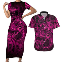 Aotearoa Maori Hei Tiki Couples Matching Short Sleeve Bodycon Dress and Hawaiian Shirt Mawhero Kowhaiwhai Puhoro Motif LT9 Pink - Polynesian Pride