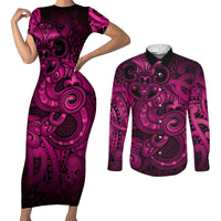 Aotearoa Maori Hei Tiki Couples Matching Short Sleeve Bodycon Dress and Long Sleeve Button Shirt Mawhero Kowhaiwhai Puhoro Motif LT9 Pink - Polynesian Pride