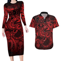 Aotearoa Maori Hei Tiki Couples Matching Long Sleeve Bodycon Dress and Hawaiian Shirt Whero Kowhaiwhai Puhoro Motif LT9 Red - Polynesian Pride
