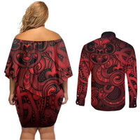 Aotearoa Maori Hei Tiki Couples Matching Off Shoulder Short Dress and Long Sleeve Button Shirt Whero Kowhaiwhai Puhoro Motif LT9 - Polynesian Pride