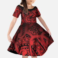 Aotearoa Maori Hei Tiki Family Matching Off Shoulder Short Dress and Hawaiian Shirt Whero Kowhaiwhai Puhoro Motif LT9 Daughter's Dress Red - Polynesian Pride