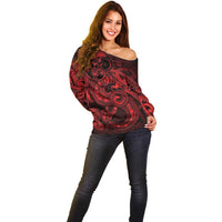Aotearoa Maori Hei Tiki Off Shoulder Sweater Whero Kowhaiwhai Puhoro Motif LT9 - Polynesian Pride