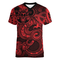 Aotearoa Maori Hei Tiki Women V-Neck T-Shirt Whero Kowhaiwhai Puhoro Motif LT9 Female Red - Polynesian Pride