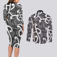 Aotearoa Maori Kowhaiwhai Couples Matching Long Sleeve Bodycon Dress and Long Sleeve Button Shirt Kiwikiwi Puhoro and Patiki LT9 - Polynesian Pride