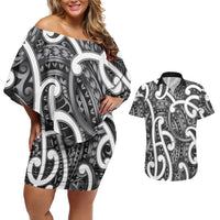 Aotearoa Maori Kowhaiwhai Couples Matching Off Shoulder Short Dress and Hawaiian Shirt Kiwikiwi Puhoro and Patiki LT9 Grey - Polynesian Pride