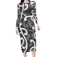 Aotearoa Maori Kowhaiwhai Family Matching Long Sleeve Bodycon Dress and Hawaiian Shirt Kiwikiwi Puhoro and Patiki LT9 Mom's Dress Grey - Polynesian Pride