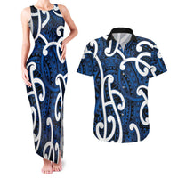 Aotearoa Maori Kowhaiwhai Couples Matching Tank Maxi Dress and Hawaiian Shirt Kikorangi Puhoro and Patiki LT9 Blue - Polynesian Pride