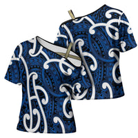 Aotearoa Maori Kowhaiwhai Cross Shoulder Shirt Kikorangi Puhoro and Patiki LT9 - Polynesian Pride