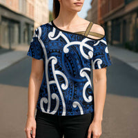 Aotearoa Maori Kowhaiwhai Cross Shoulder Shirt Kikorangi Puhoro and Patiki LT9 - Polynesian Pride