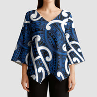 Aotearoa Maori Kowhaiwhai Kimono Sleeve Blouse Kikorangi Puhoro and Patiki