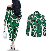 Aotearoa Maori Kowhaiwhai Couples Matching Off The Shoulder Long Sleeve Dress and Long Sleeve Button Shirt Kakariki Puhoro and Patiki LT9 - Polynesian Pride