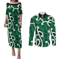 Aotearoa Maori Kowhaiwhai Couples Matching Puletasi and Long Sleeve Button Shirt Kakariki Puhoro and Patiki LT9 Green - Polynesian Pride