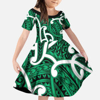 Aotearoa Maori Kowhaiwhai Family Matching Long Sleeve Bodycon Dress and Hawaiian Shirt Kakariki Puhoro and Patiki LT9 Daughter's Dress Green - Polynesian Pride