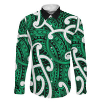 Aotearoa Maori Kowhaiwhai Family Matching Off The Shoulder Long Sleeve Dress and Hawaiian Shirt Kakariki Puhoro and Patiki LT9 Dad's Shirt - Long Sleeve Green - Polynesian Pride