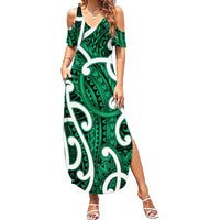Aotearoa Maori Kowhaiwhai Family Matching Summer Maxi Dress and Hawaiian Shirt Kakariki Puhoro and Patiki LT9 Mom's Dress Green - Polynesian Pride