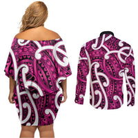 Aotearoa Maori Kowhaiwhai Couples Matching Off Shoulder Short Dress and Long Sleeve Button Shirt Mawhero Puhoro and Patiki LT9 - Polynesian Pride