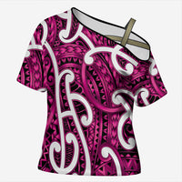 Aotearoa Maori Kowhaiwhai Cross Shoulder Shirt Mawhero Puhoro and Patiki LT9 Female Pink - Polynesian Pride