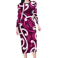 Aotearoa Maori Kowhaiwhai Long Sleeve Bodycon Dress Mawhero Puhoro and Patiki LT9 Long Dress Pink - Polynesian Pride