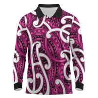 Aotearoa Maori Kowhaiwhai Long Sleeve Polo Shirt Mawhero Puhoro and Patiki LT9 Pink - Polynesian Pride