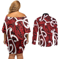 Aotearoa Maori Kowhaiwhai Couples Matching Off Shoulder Short Dress and Long Sleeve Button Shirt Whero Puhoro and Patiki LT9 - Polynesian Pride