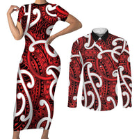Aotearoa Maori Kowhaiwhai Couples Matching Short Sleeve Bodycon Dress and Long Sleeve Button Shirt Whero Puhoro and Patiki LT9 Red - Polynesian Pride