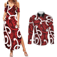 Aotearoa Maori Kowhaiwhai Couples Matching Summer Maxi Dress and Long Sleeve Button Shirt Whero Puhoro and Patiki LT9 Red - Polynesian Pride