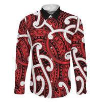 Aotearoa Maori Kowhaiwhai Family Matching Off The Shoulder Long Sleeve Dress and Hawaiian Shirt Whero Puhoro and Patiki LT9 Dad's Shirt - Long Sleeve Red - Polynesian Pride