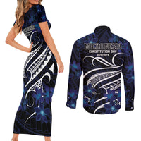 Micronesia Constitution Day Couples Matching Short Sleeve Bodycon Dress and Long Sleeve Button Shirt Since 1979 with Polynesian Hibiscus Pattern