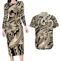 Polynesian Shark Tribal Tattoo Couples Matching Long Sleeve Bodycon Dress and Hawaiian Shirt Beige Style LT9 Beige - Polynesian Pride