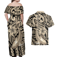 Polynesian Shark Tribal Tattoo Couples Matching Off Shoulder Maxi Dress and Hawaiian Shirt Beige Style LT9 - Polynesian Pride
