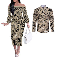 Polynesian Shark Tribal Tattoo Couples Matching Off The Shoulder Long Sleeve Dress and Long Sleeve Button Shirt Beige Style LT9 Beige - Polynesian Pride